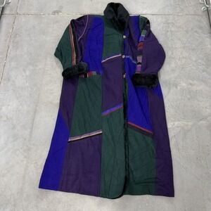 Vintage SFR Santa Fe Re-Creations Patchwork Coat Faux Fur Trim Purple Green Med